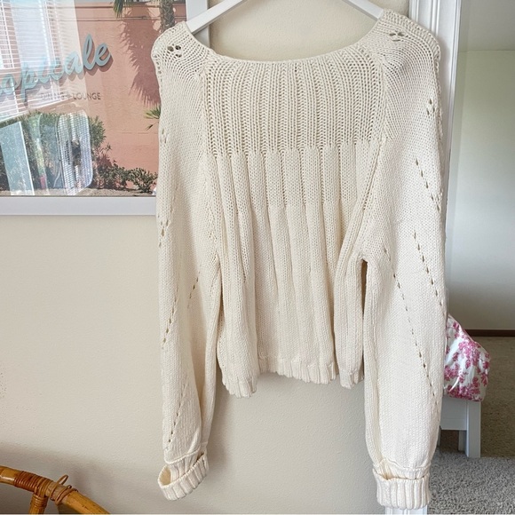Free People Sandre Cable Knit Cropped Sweater in Cream Ivory White Size XL - Picture 8 of 8